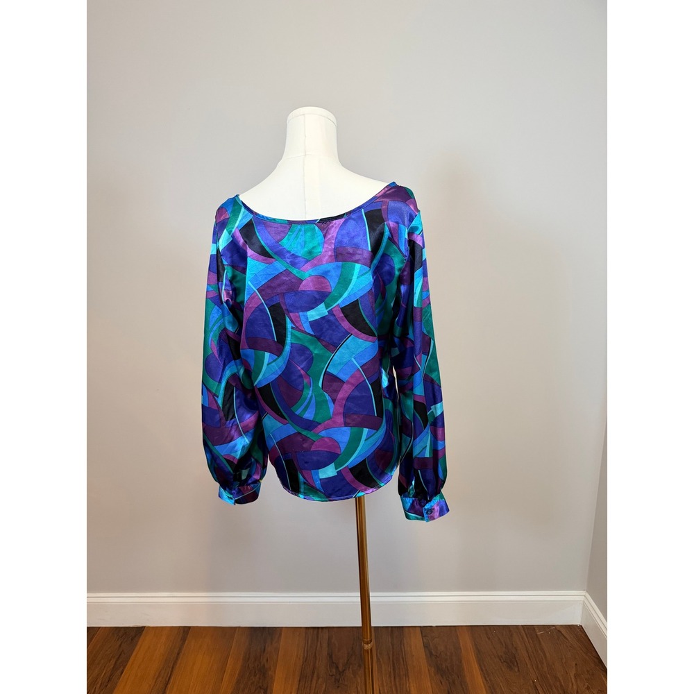 Allison Morgan Womens Small Abstract Geometric Satin Blouse Purple Blue Teal Top